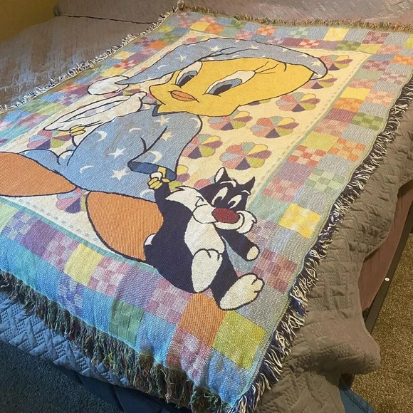 VTG 90s Baby Toddler Looney Tunes Cotton Blanket Sylvester Tweety Bird Blue Cozy - Picture 11 of 11